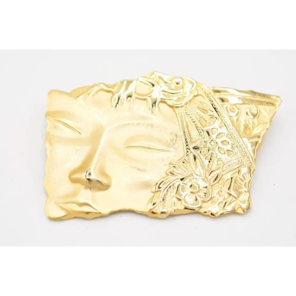 JJ Vintage Pin Brooch Asian Abstract Statue Brushed Gold Signed 1980s BinAJ